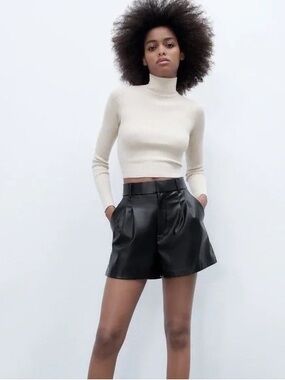 Zara Black Faux Leather Pleated High-Waist Shorts